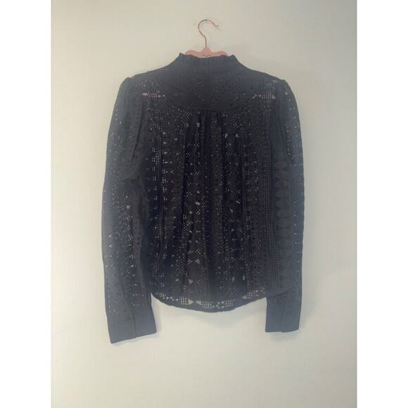 Anthropologie Lace Button Down Top Gray Geometric Blouse Size 8 Office Boho Folk - Picture 4 of 6